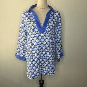 Sigrid Olsen Linen Tunic Blouse Women’s Sz XL Top Blue White Beach Vacation